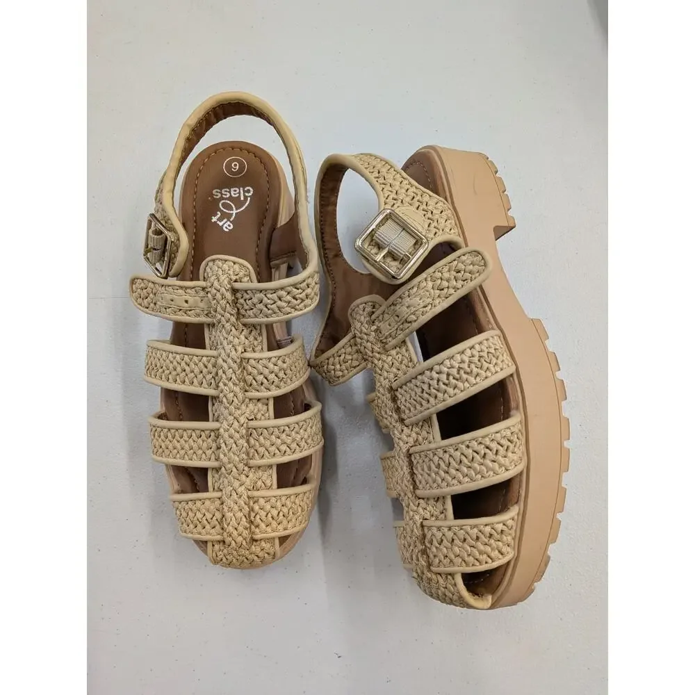 Art Class Girls Beige Woven Fisherman Sandals Platform Buckle Strap Size 6